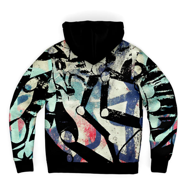 back of a zip up microfleece hoodie with a multicolored  graffiti pattern