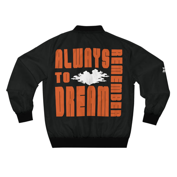 Men's Black Bomber Jacket Orange Print saying always remember to dream