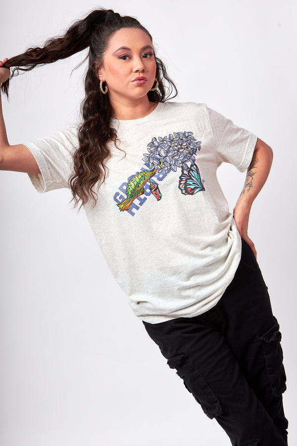asian woman wearing streetwear style Short sleeve t-shirt- Oatmeal Cocoon Butterfly G&R 