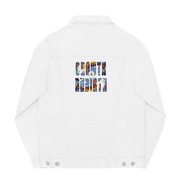 White denim jacket-embroidered growth & rebirth print