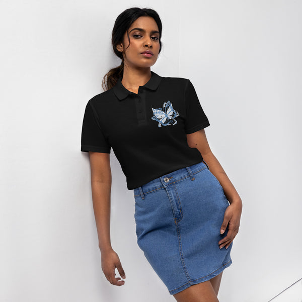 Black pique polo shirt- Embroidered Three Butterfly 