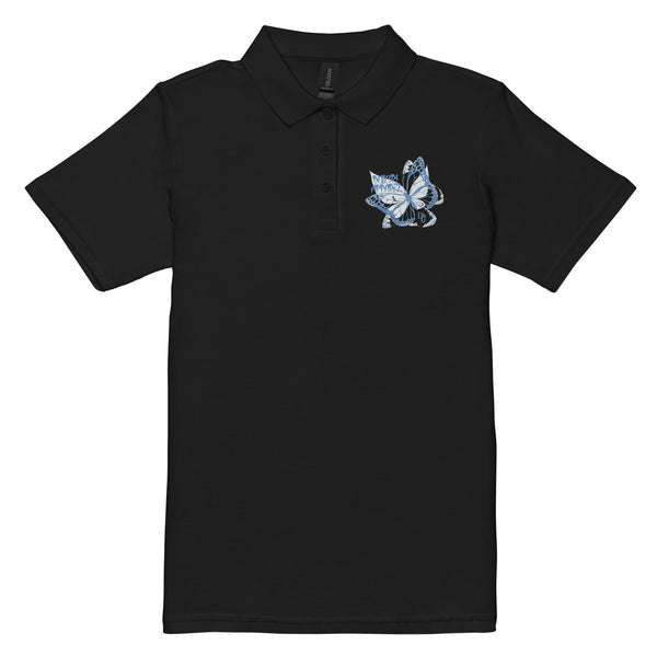 Black pique polo shirt- Embroidered Three Butterfly 
