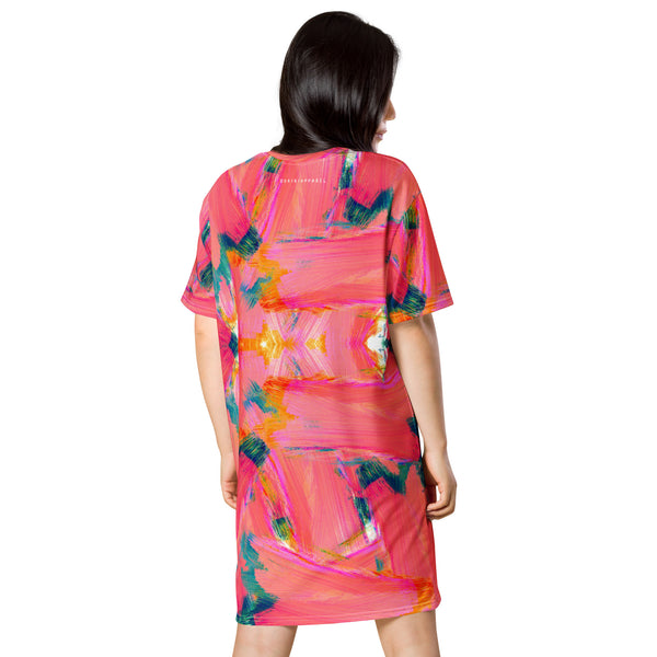 asian woman wearing Oversized T-shirt dress-Bubble Gum allover print