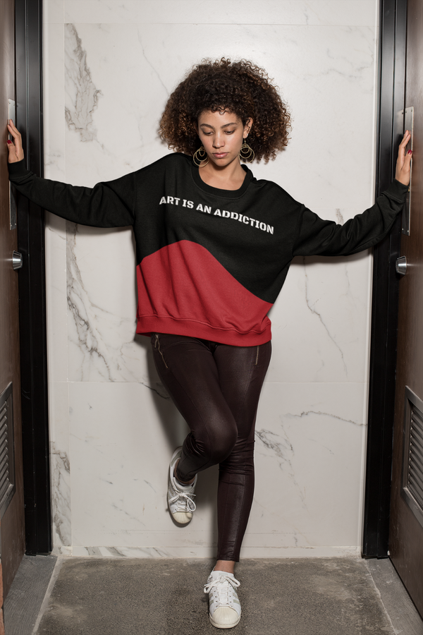 black woman wearing Black-Red Art streetwear Sweatshirt