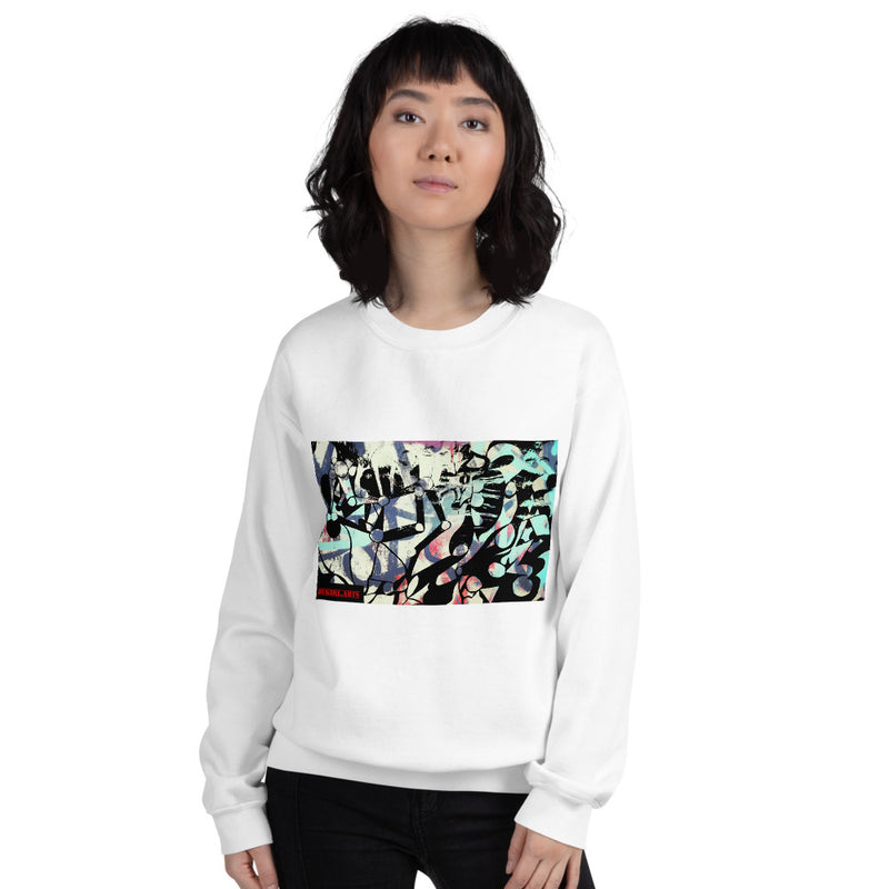 an asian woman in a white sweatshirt with a graffiti art print that is for streetwear