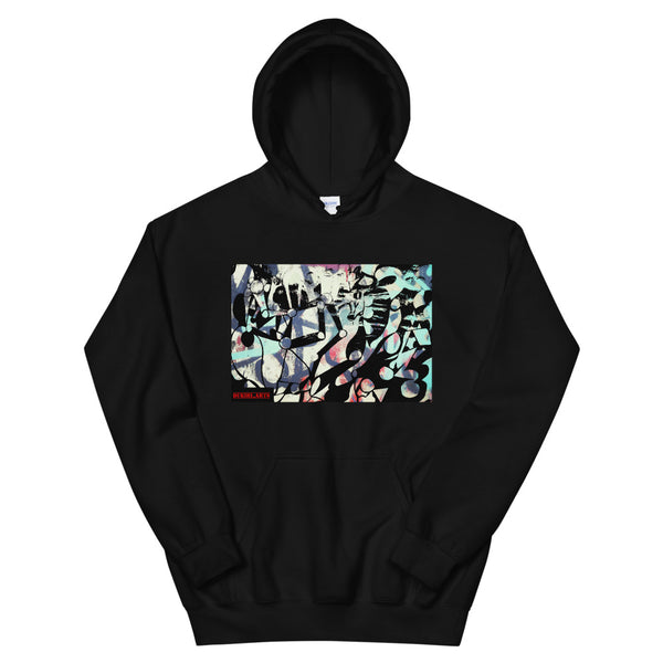 close up of a black hoodie with an urban style graphic print