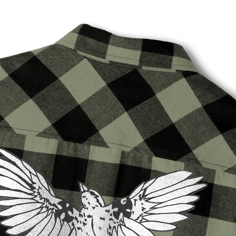 Heavyweight Pleated Military Green Flannel Shirt-Grain Mockingbird Print