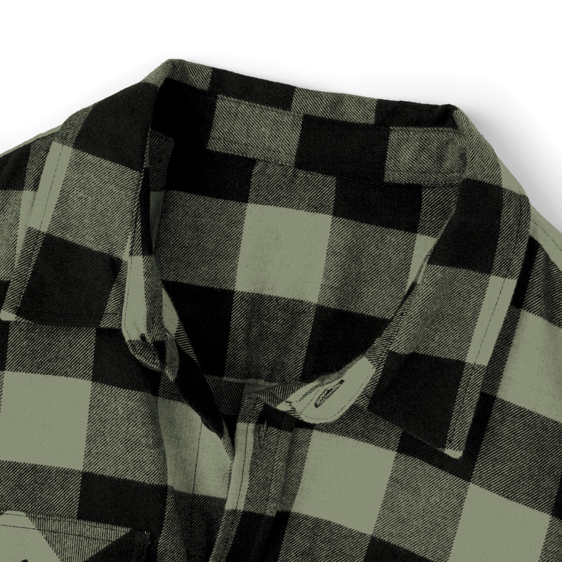 Heavyweight Pleated Military Green Flannel Shirt-Grain Mockingbird Print