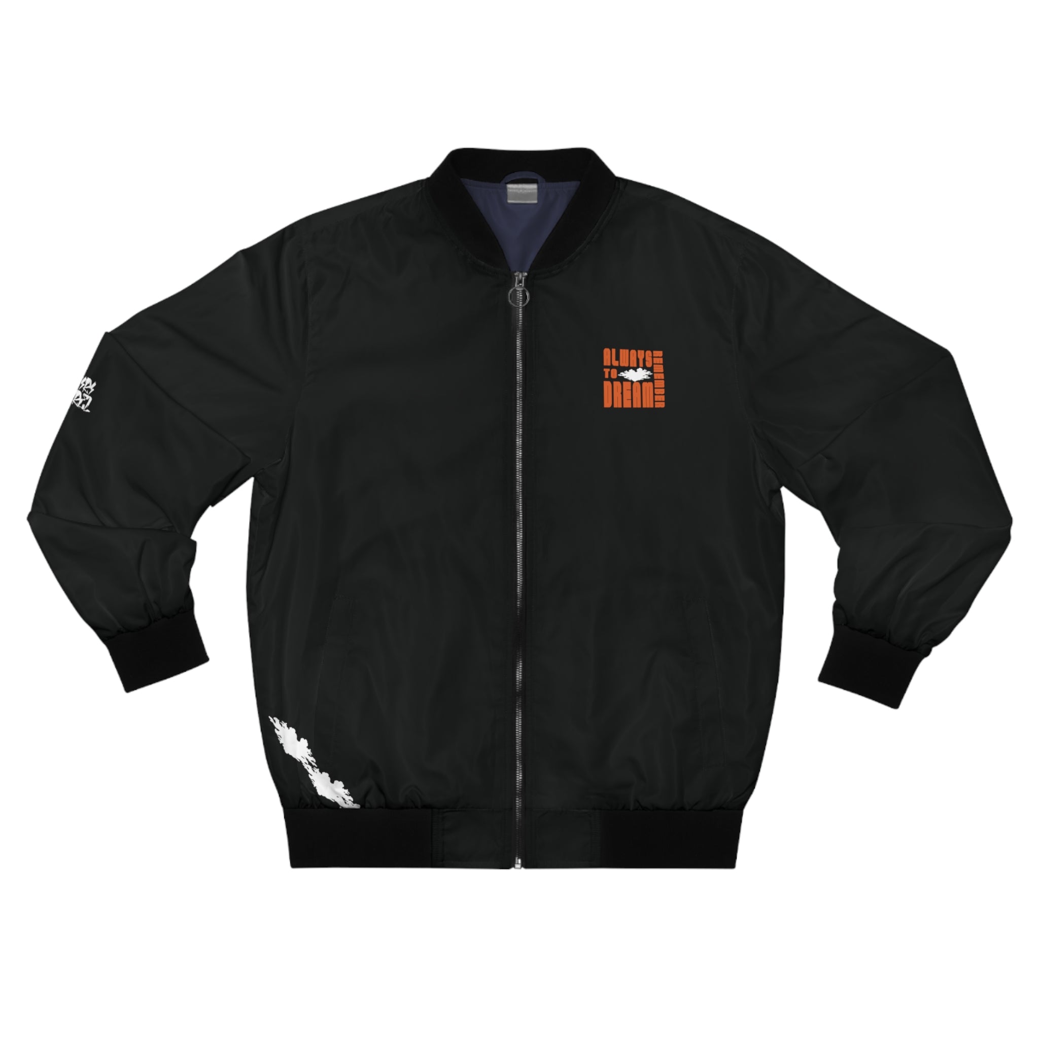 Men's Black Bomber Jacket Orange Print saying always remember to dream