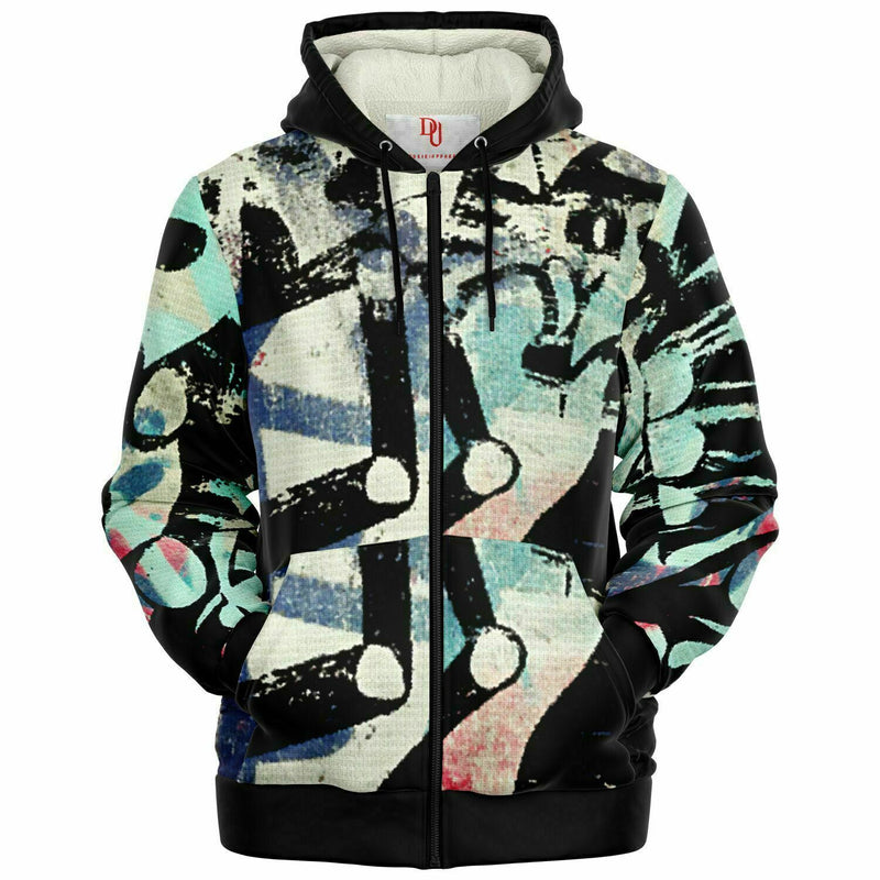 close up of a zip up microfleece hoodie with a multicolored  graffiti pattern