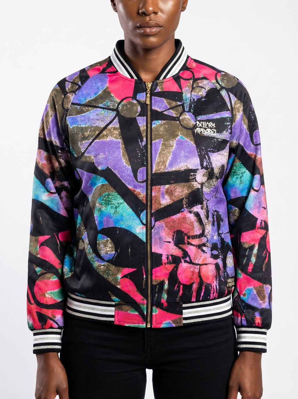 Multicolored bomber jacket with abstract design on a white background