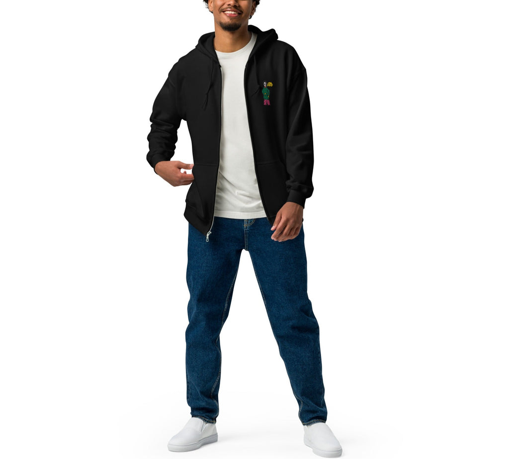 Casual black zip-up hoodie with an embroidered ivan design for a streetwear and casual look