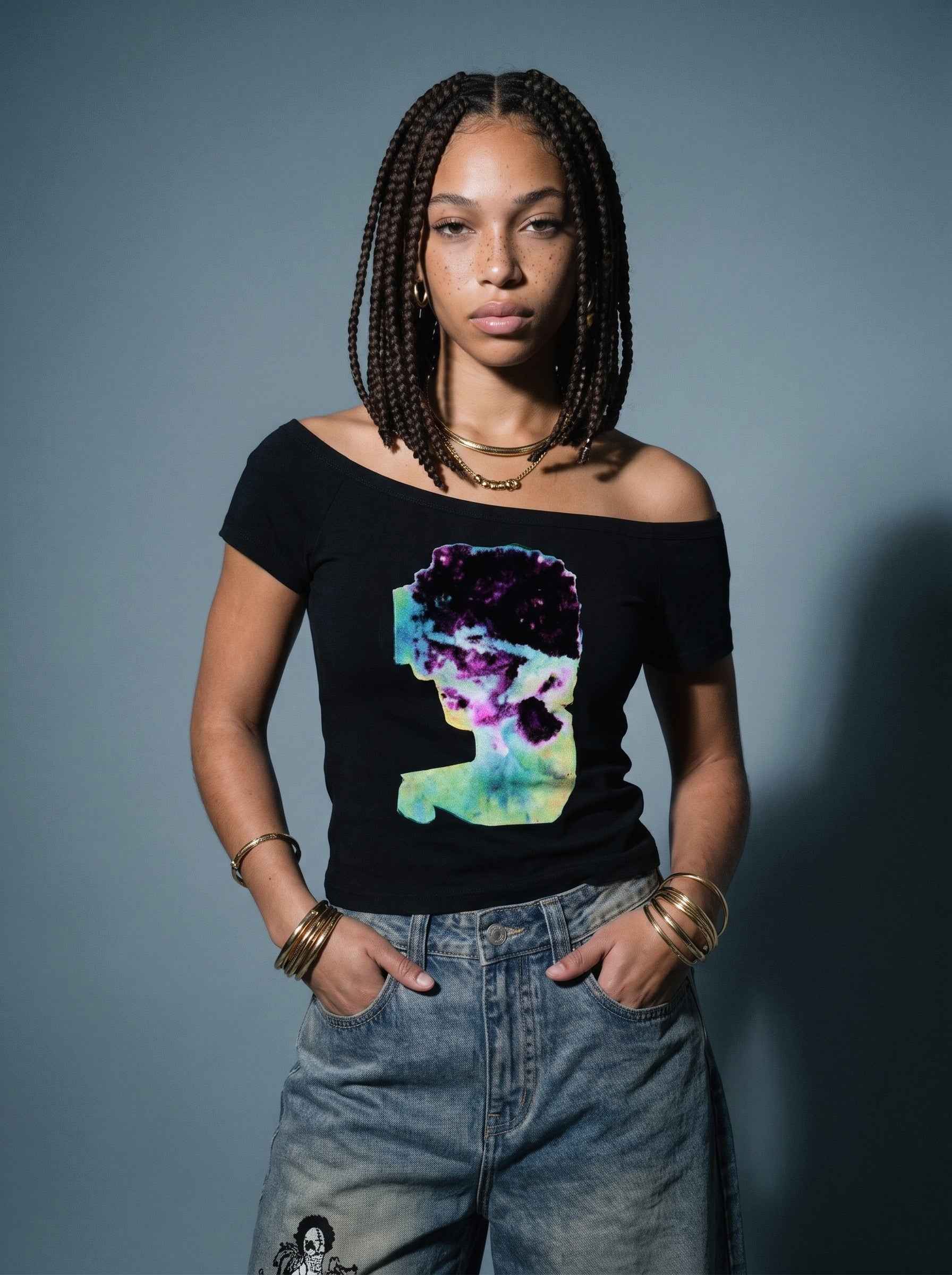 Star Girl Women’s Off-the-Shoulder BlackT-Shirt