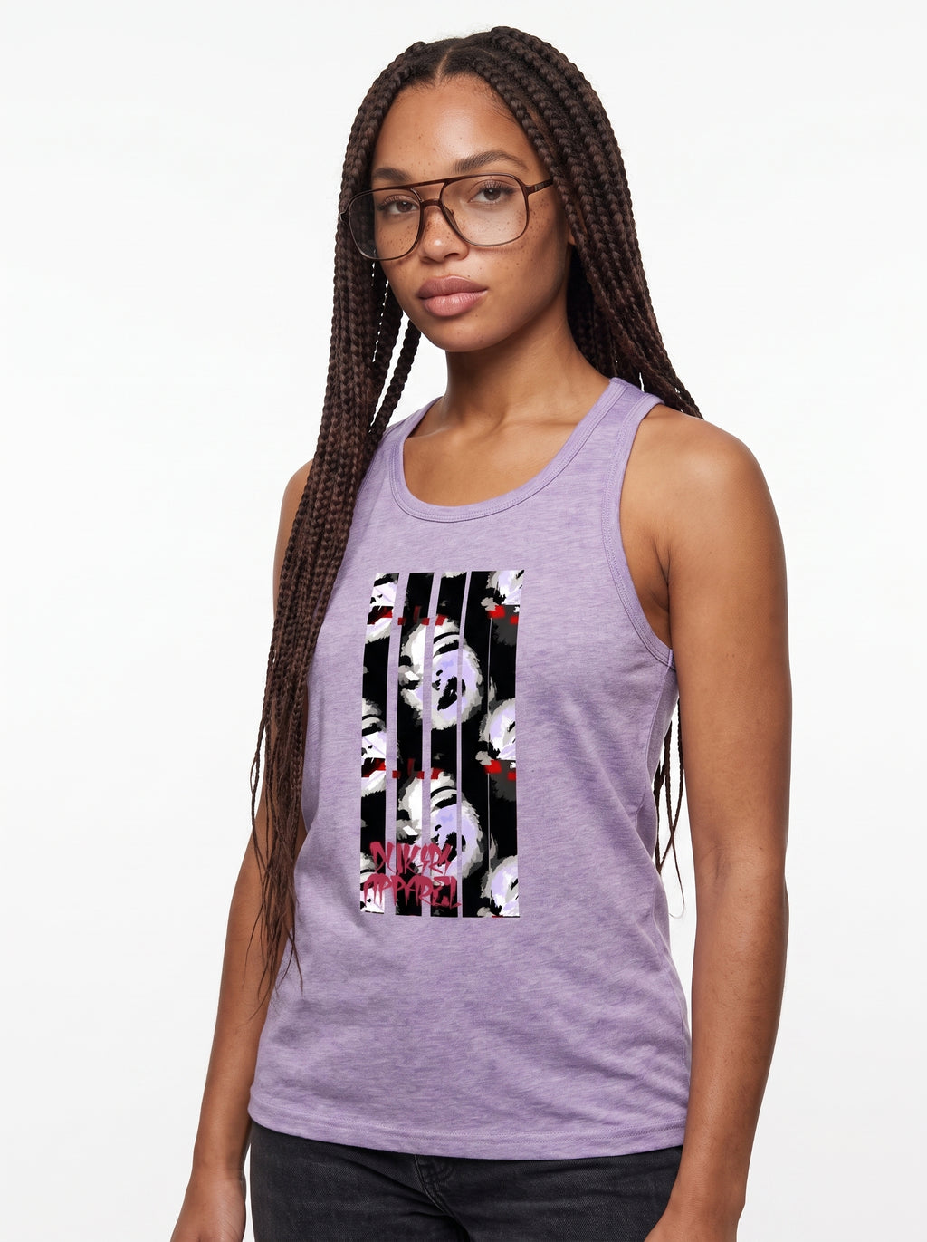 A woman with long black braids and glasses wearing a heathered light purple tank top with a graphic print of cartoon skulls and red roses on a black striped background.