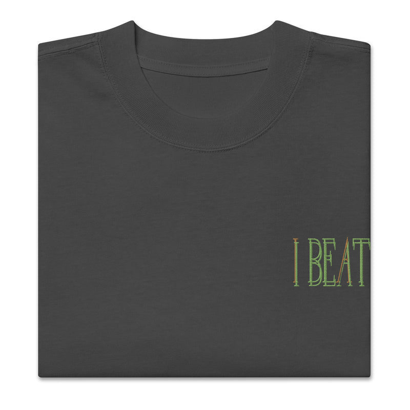Faded Black Oversized faded t-shirt-Embroidered "I Beat it" Print_folded