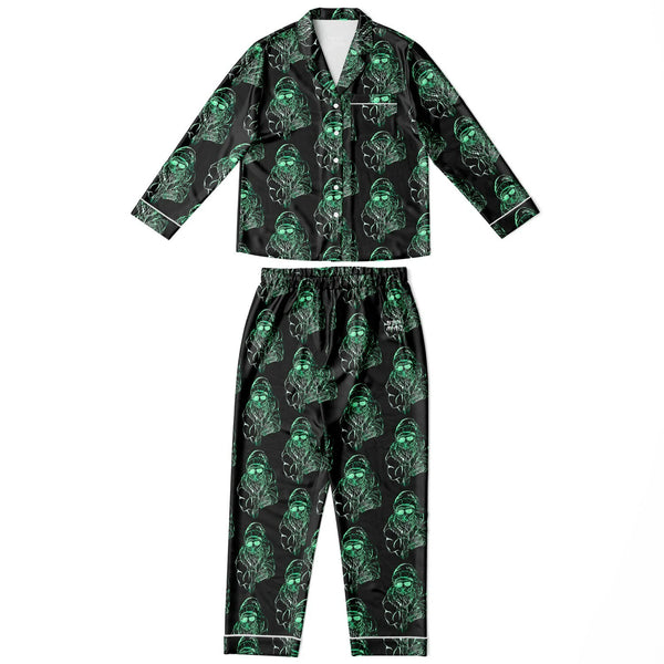 Green skull pattern pajama set on a white background