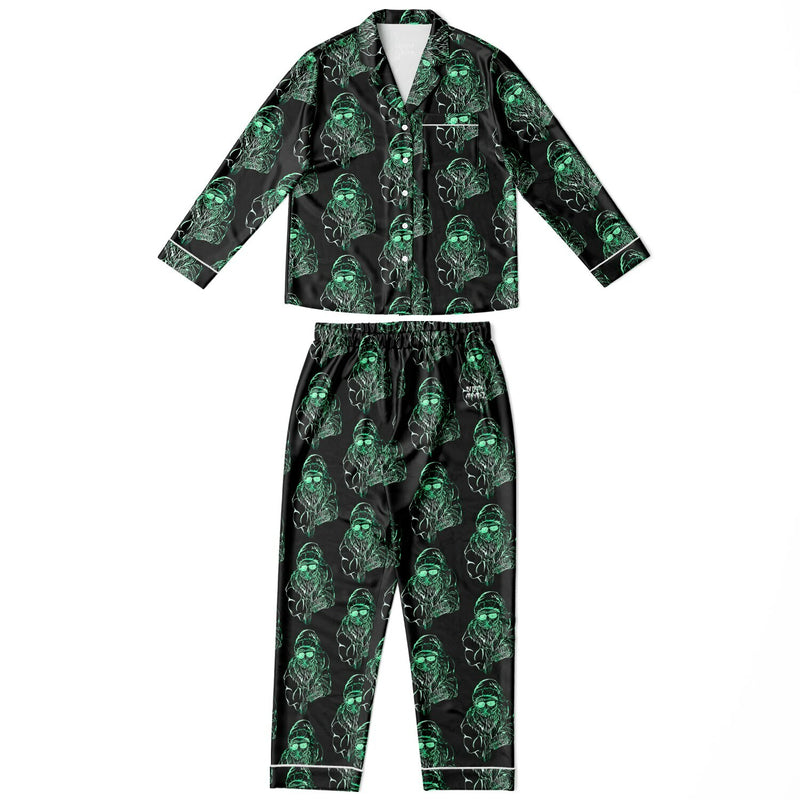 Green skull pattern pajama set on a white background