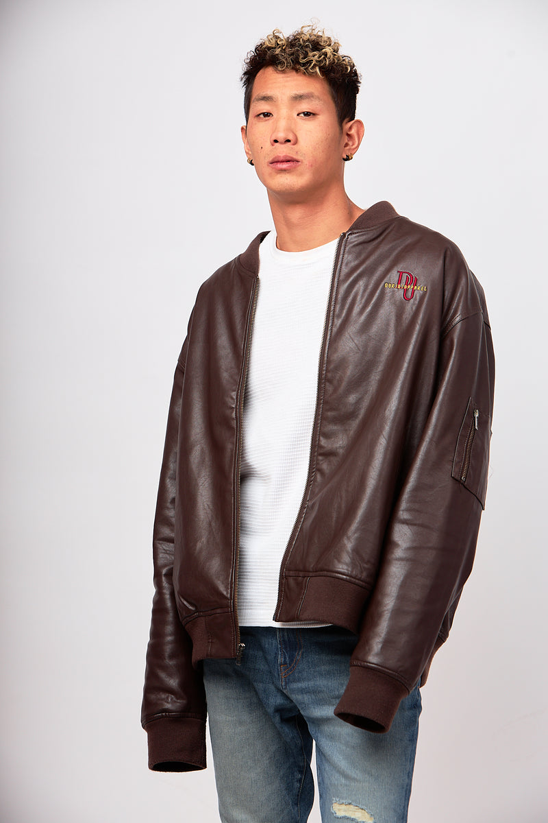 Brown faux Leather Bomber Jacket-embroidered the story quote