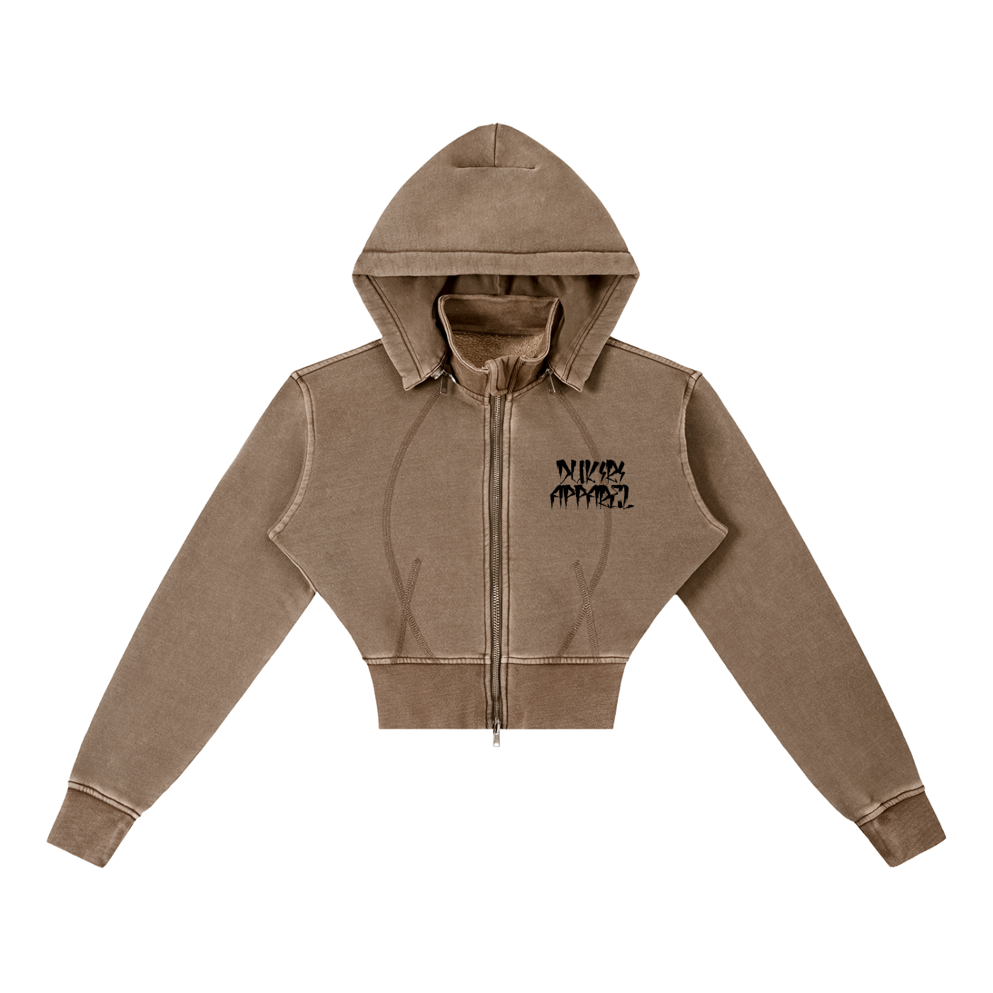A cropped zip-up hoodie in a washed taupe-brown color, featuring a black graphic text print on the left chest that reads 'DUKIRI APPAREL'. The hoodie has a full front zipper, a hood, and ribbed cuffs and hem, shown against a plain white background.