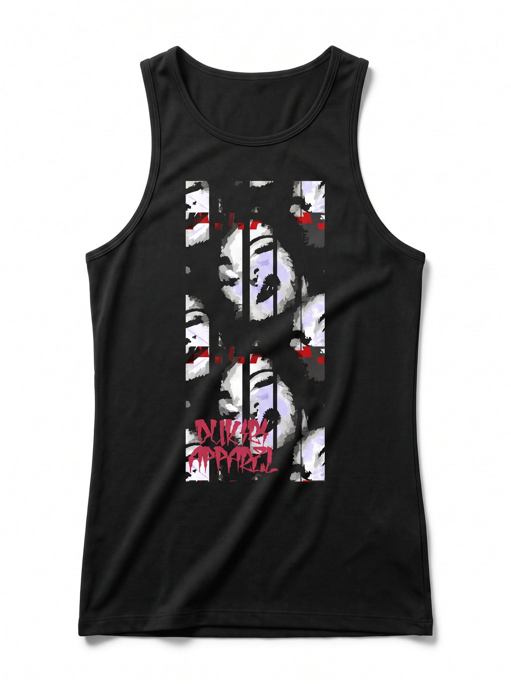 A black sleeveless tank top featuring a vertical graphic print of a stylized face in black, white, and red, with the text 'NICKI CLARKSON' in red at the bottom, shown on a plain white background.