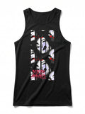 A black sleeveless tank top featuring a vertical graphic print of a stylized face in black, white, and red, with the text 'NICKI CLARKSON' in red at the bottom, shown on a plain white background.