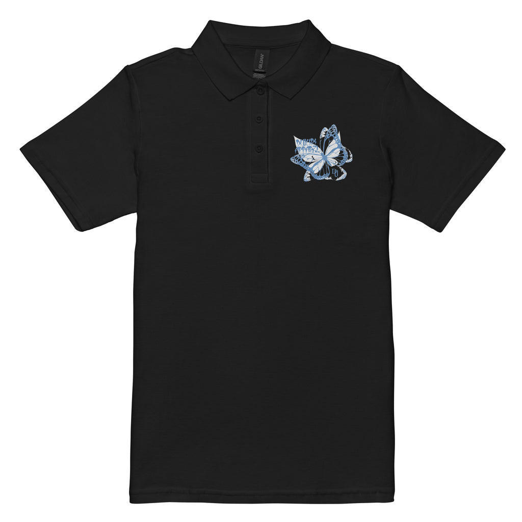Women's Black pique polo shirt- Embroidered Three Butterfly  for streetwear aesthetic