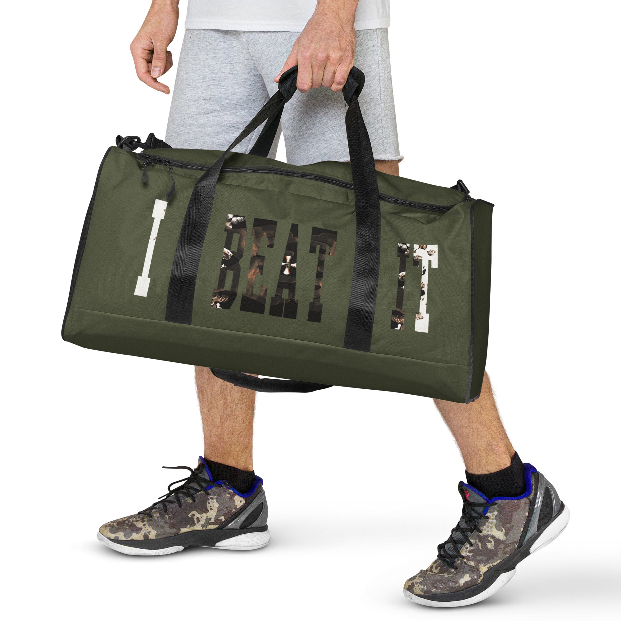 Olive Green Duffle bag-I Beat It Graphic Print