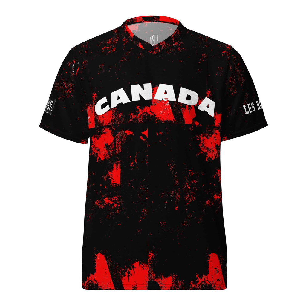 Black t-shirt with red splatter design and 'Canada' text on a white background