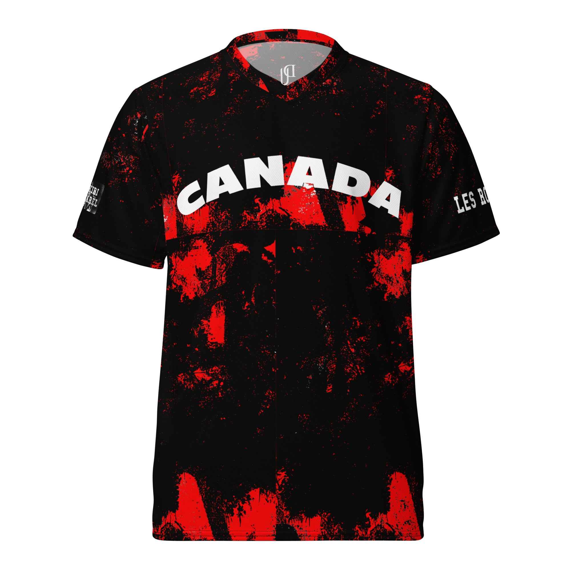 Black t-shirt with red splatter design and 'Canada' text on a white background