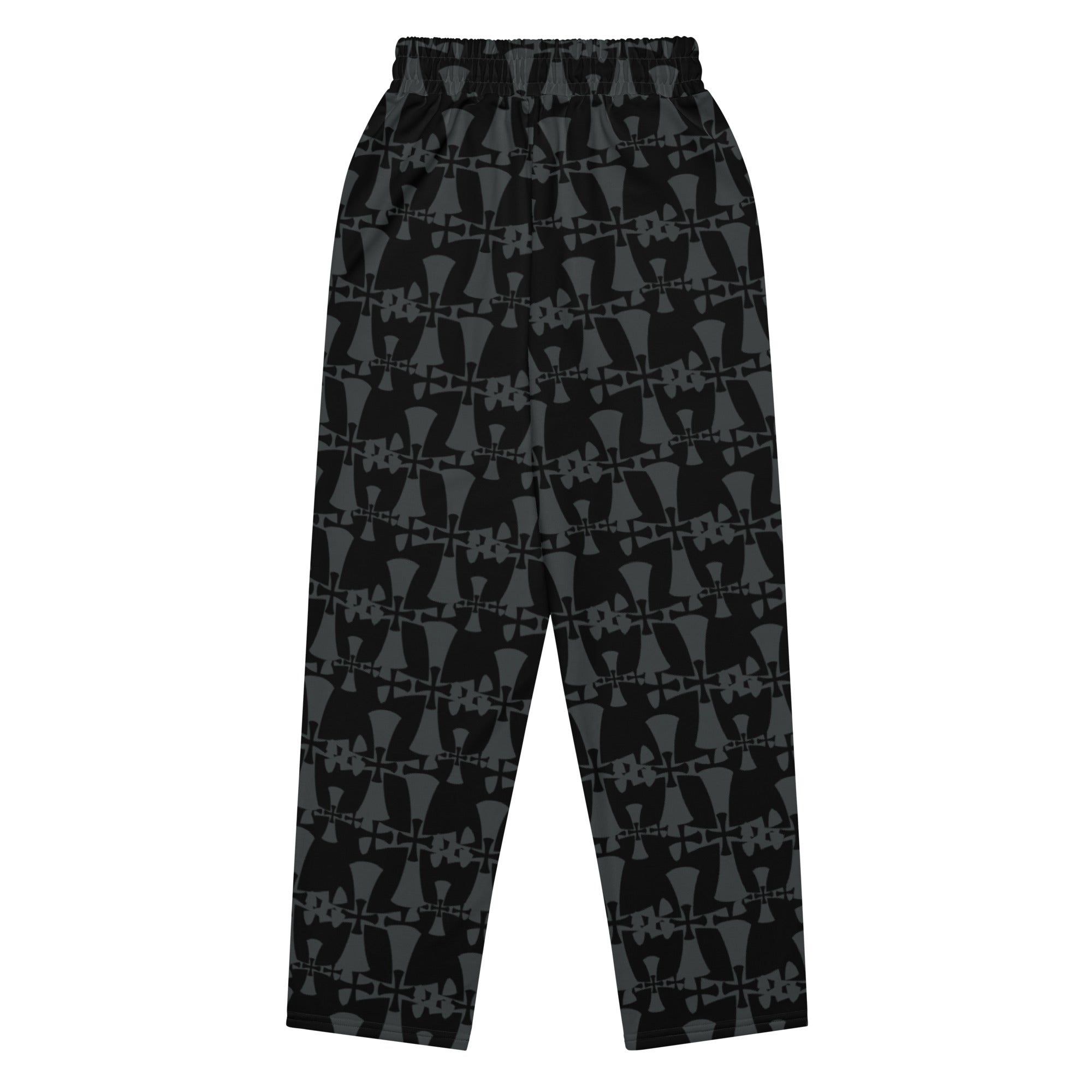 crusaders wide leg premium joggers in grey and back. Cross patterns all over print flat lay.