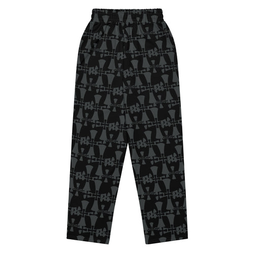 crusaders wide leg premium joggers in grey and back. Cross patterns all over print flat lay.
