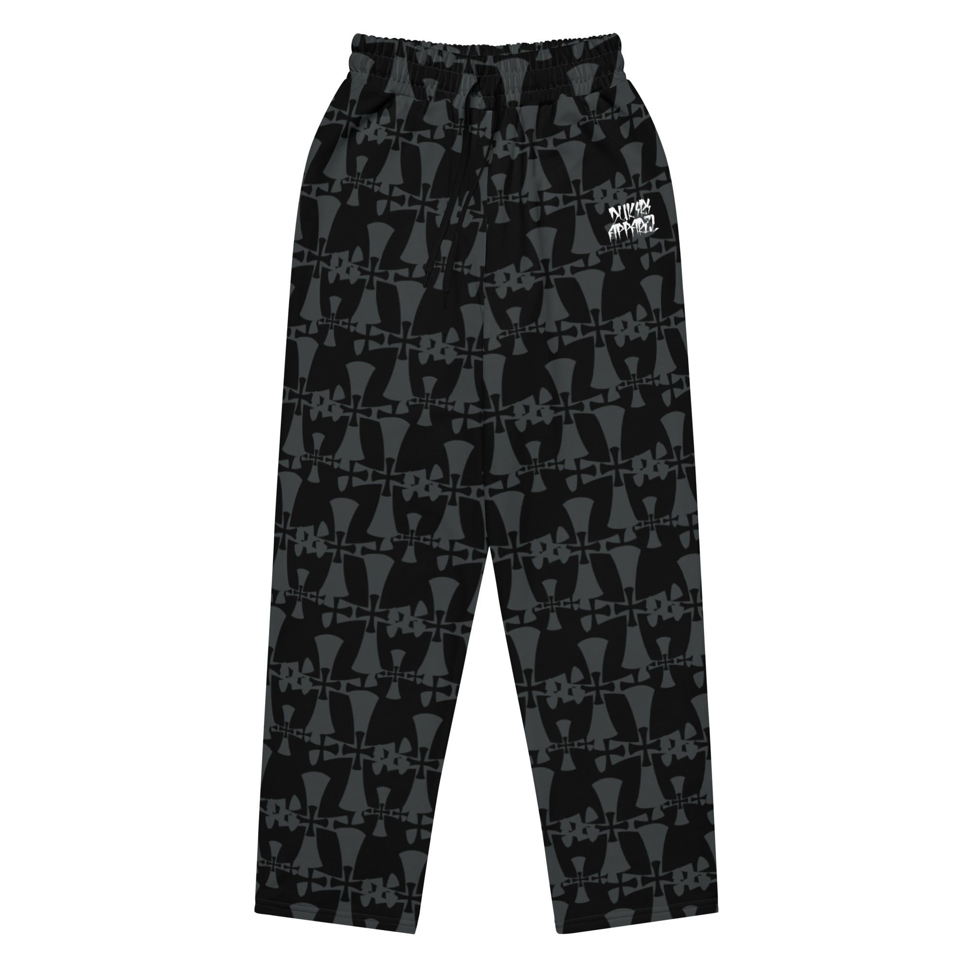 crusaders wide leg premium joggers in grey and back. Cross patterns all over print flat lay.