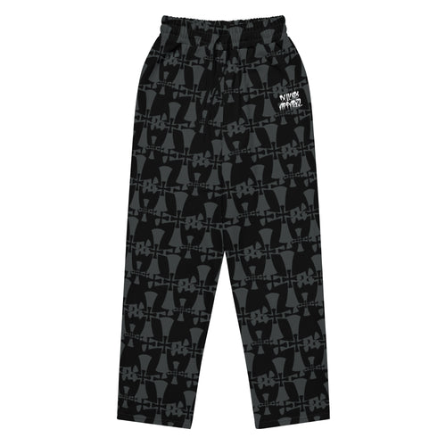 crusaders wide leg premium joggers in grey and back. Cross patterns all over print flat lay.