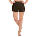 Woman wearing black and brown checkered athletic shorts with a white drawstring.