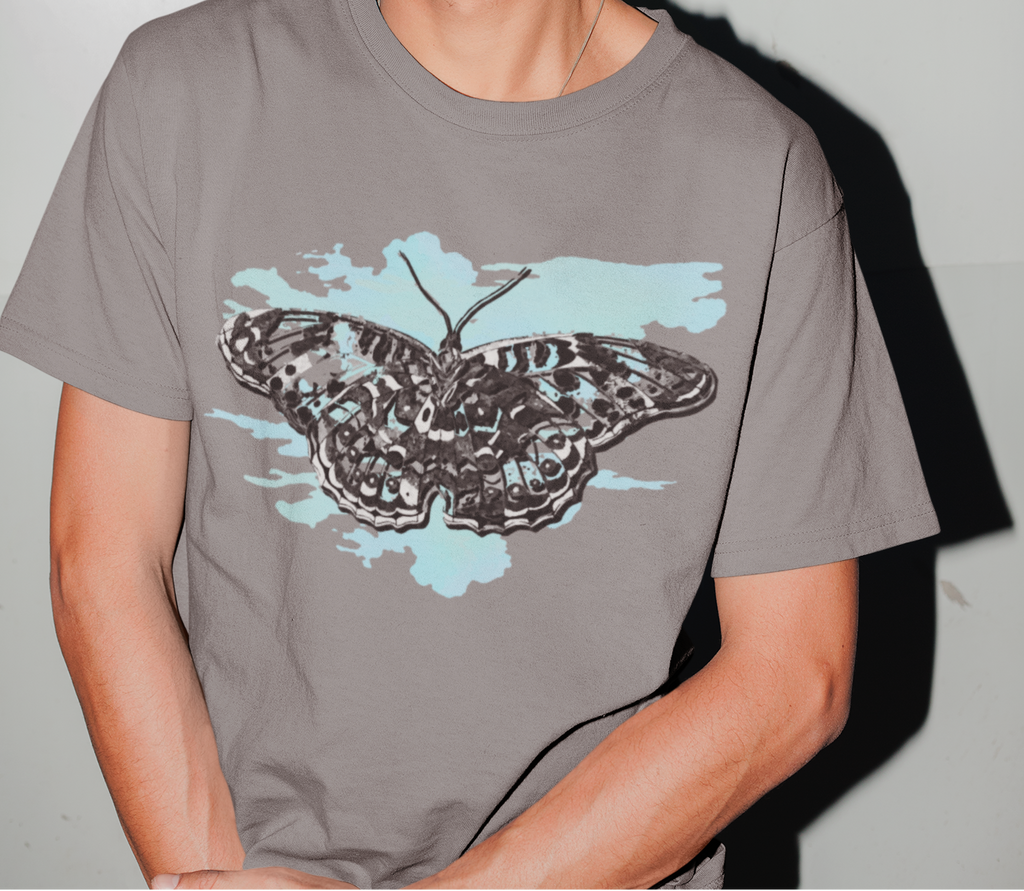 Heavyweight Grey T-shirt Blue Butterfly