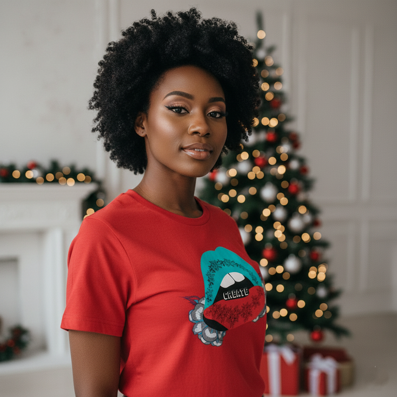 Woman wearing a red shirt with a graphic design in a festive room with Christmas tree and presents.