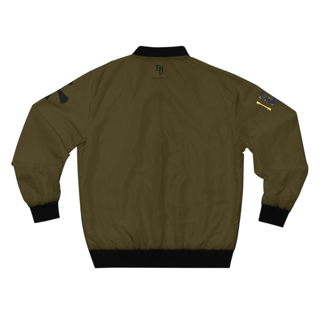 Green bomber jacket with black cuffs and collar on a white background