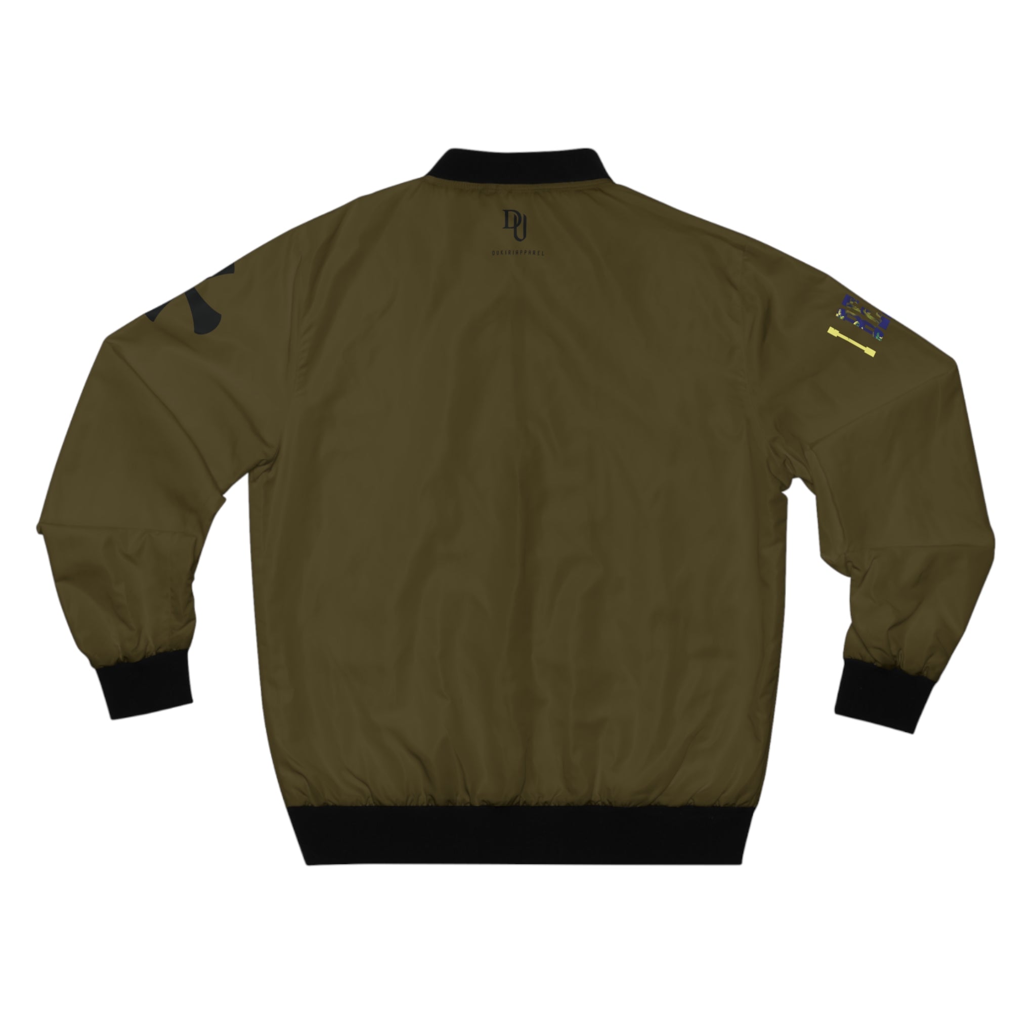 Green bomber jacket with black cuffs and collar on a white background