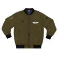 Brown bomber jacket with patches on a white background