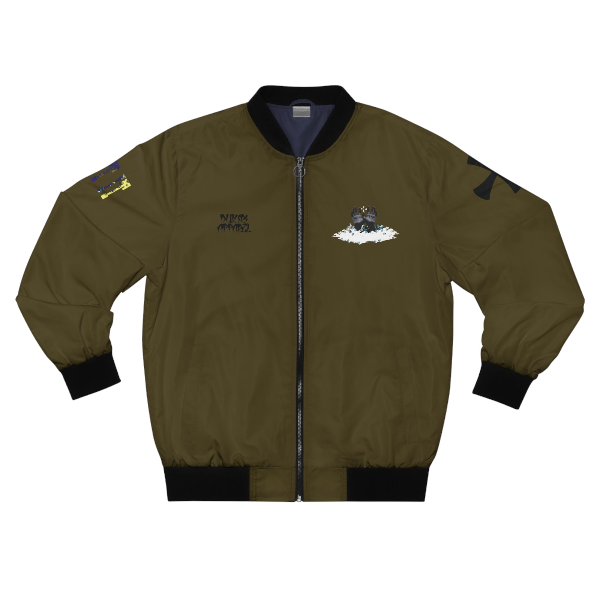 Brown bomber jacket with patches on a white background