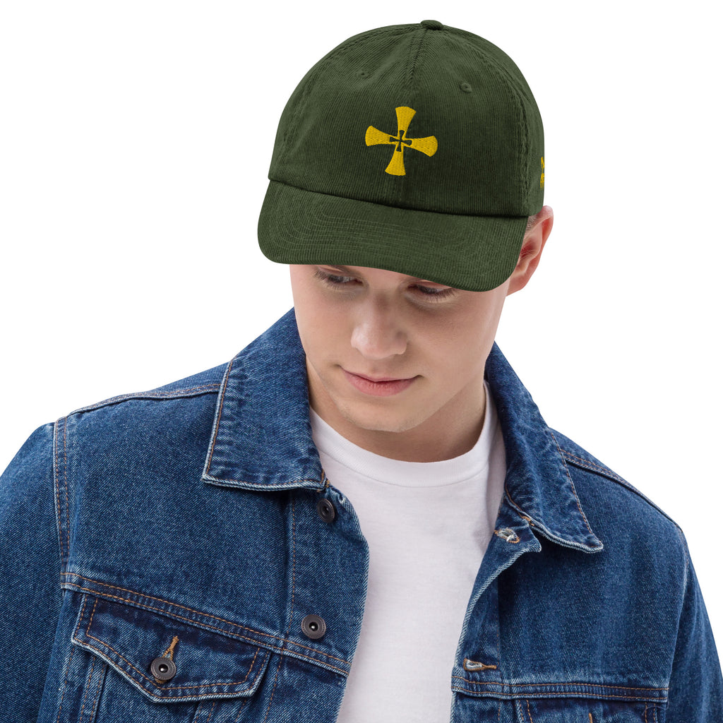 Green Corduroy hat- Embroidered Crusader Print