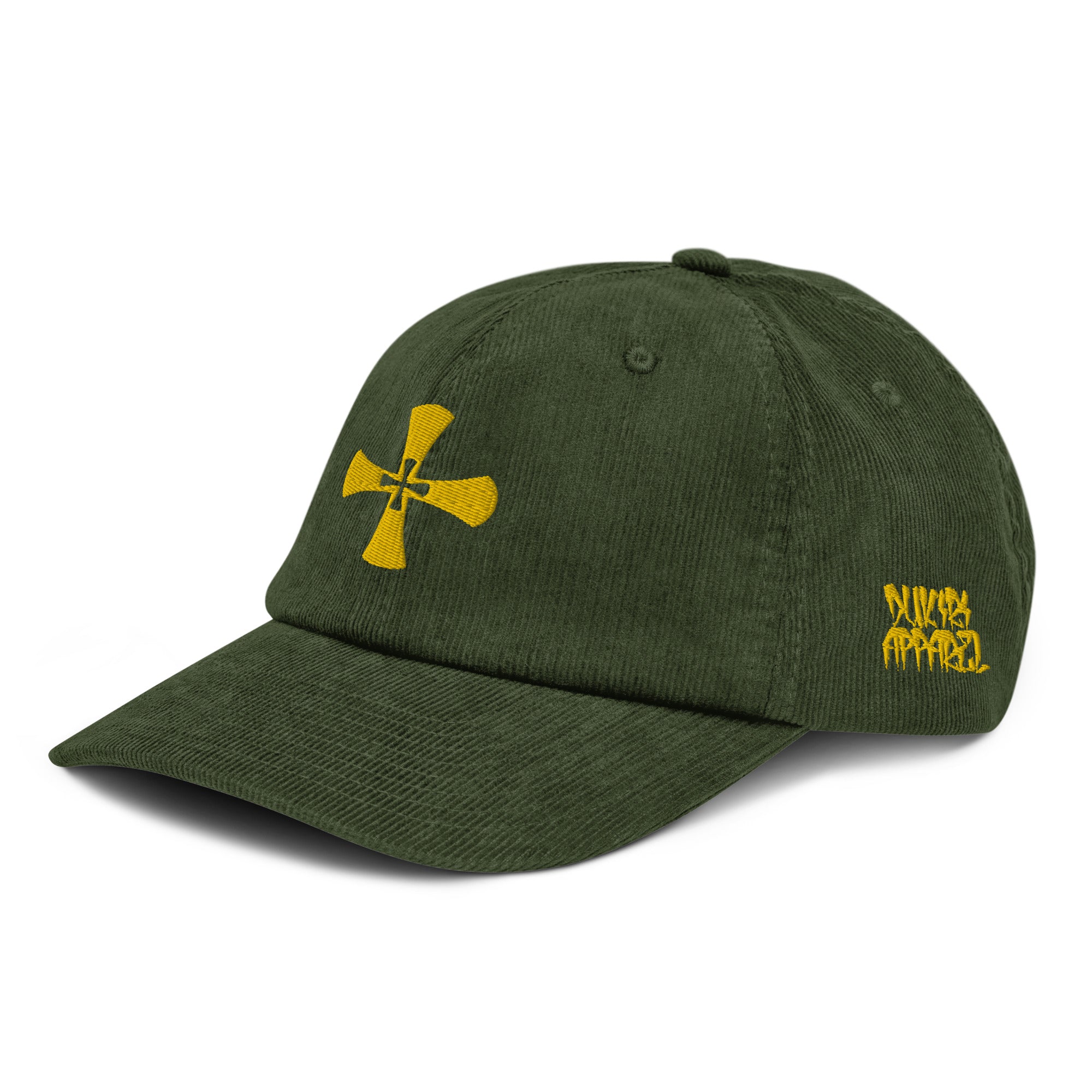Green Corduroy hat- Embroidered Crusader Print