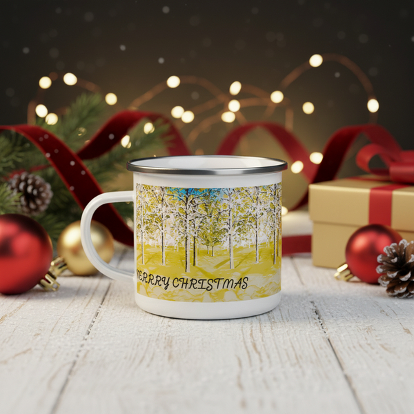 Mug with Christmas design on a wooden surface with festive decorations