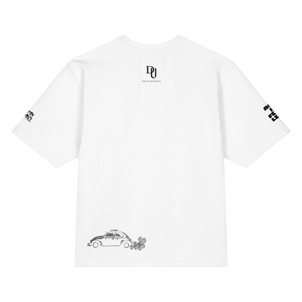 White t-shirt with black graphics and text on a white background