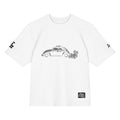 White t-shirt with black car and flower graphic on a white background