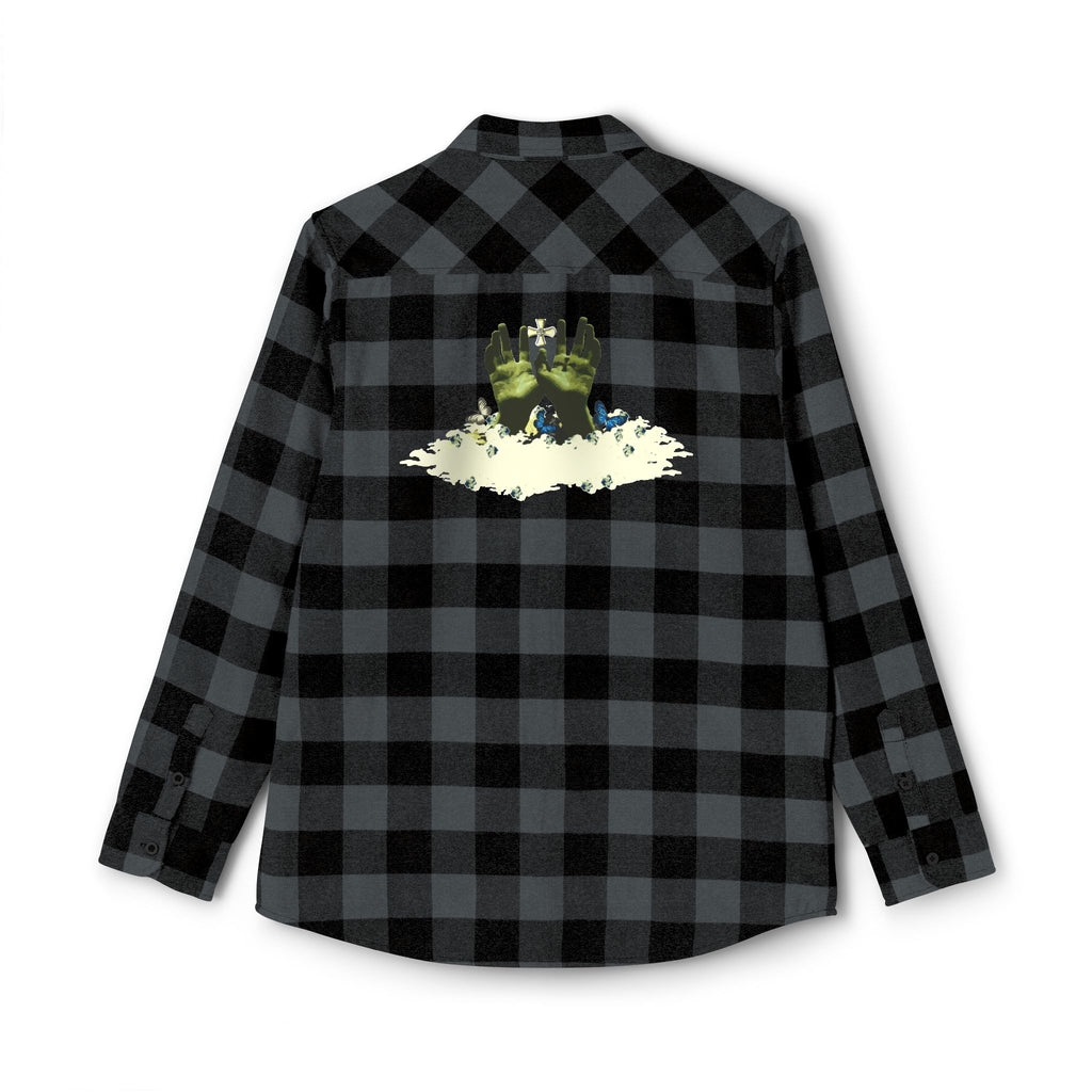Black and gray checkered shirt with a graphic design on the chest against a white background