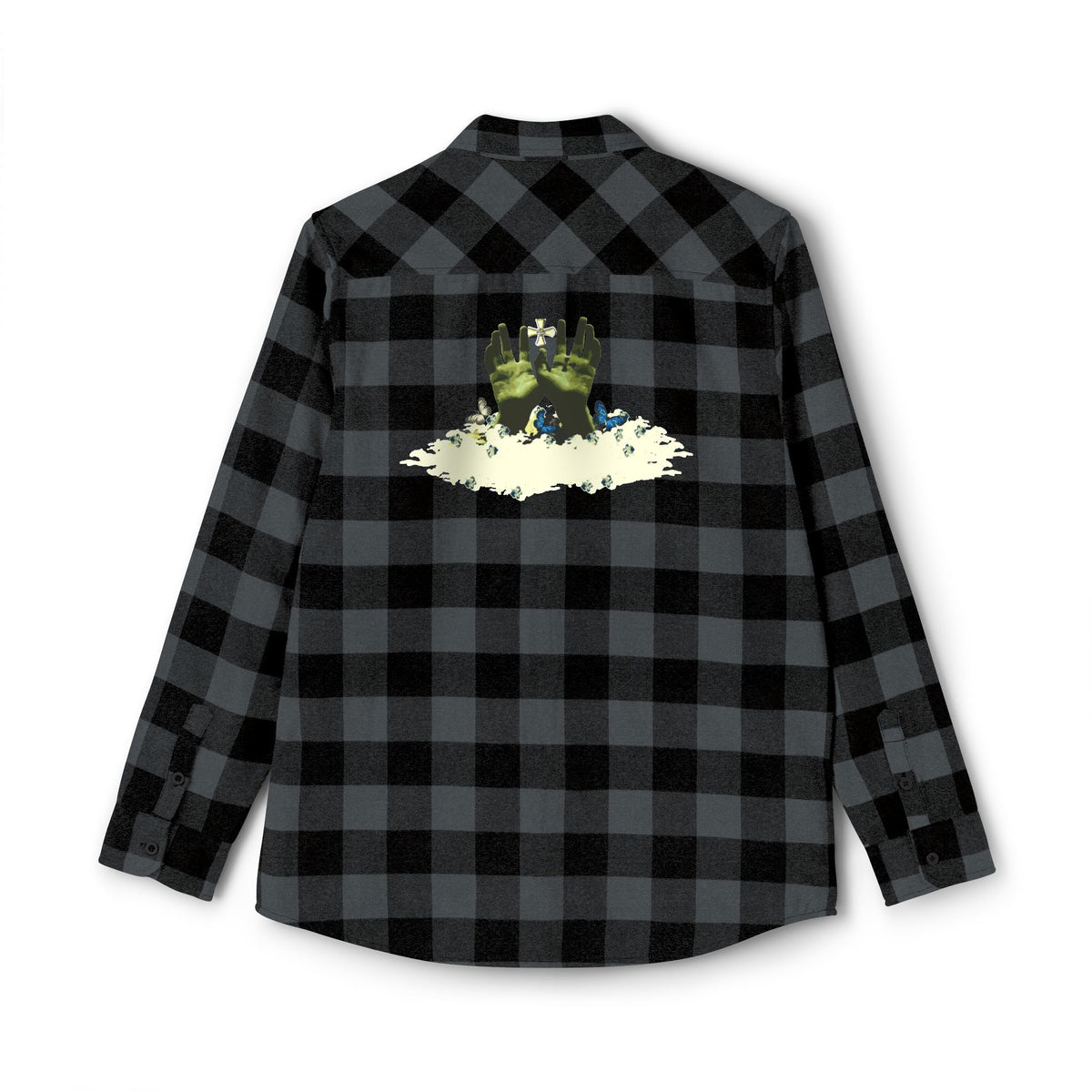 Black and gray checkered shirt with a graphic design on the chest against a white background