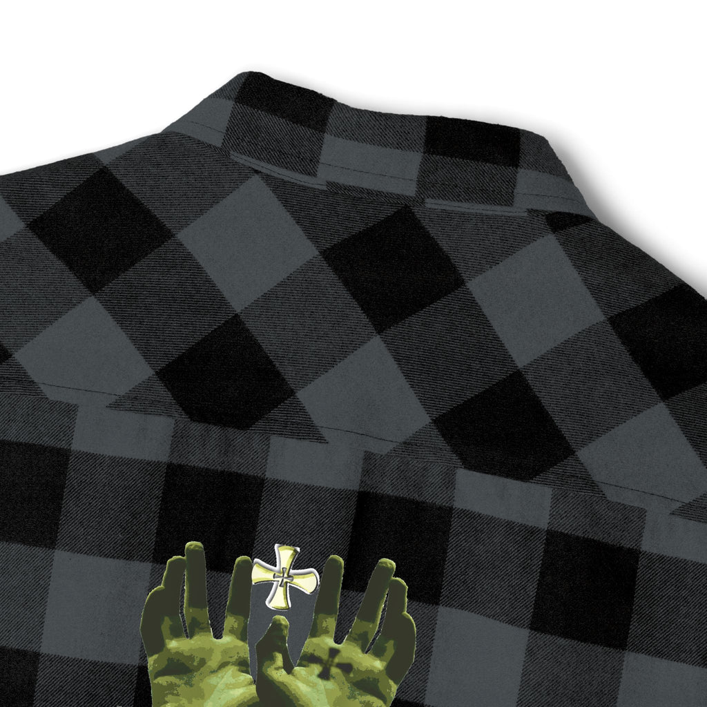 Black and gray checkered shirt with green hands wearing a cross on a white background