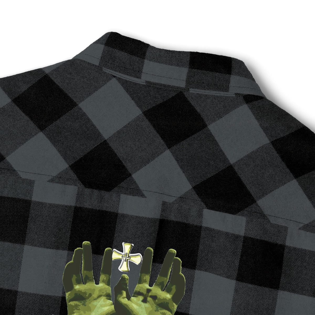 Black and gray checkered shirt with green hands wearing a cross on a white background