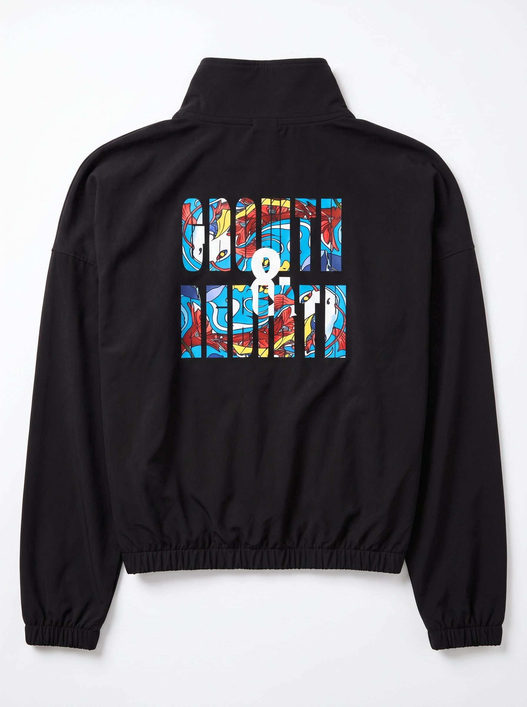 Black windbreaker jacket shown from the back, featuring a colorful abstract graphic with the word 'GROWTH & REBIRTH' and a white circular logo in the center.